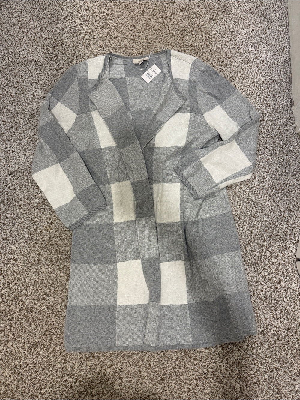 NWT loft outlet gray and white coatigan long open cardigan sz L Large